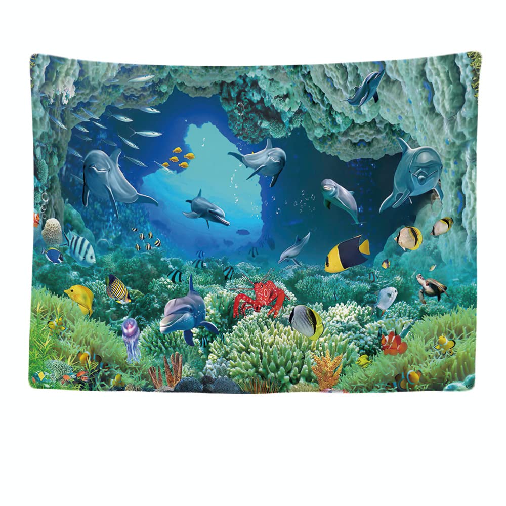Ulticool – Decorative Wall Tapestry Bedroom - Dolphin Fish Aquarium Plants Coral Sea - 200 x 150 cm Large – Fabric Wallpaper – Tapestry Aesthetic Wall - Panoramic Decoration — image 1