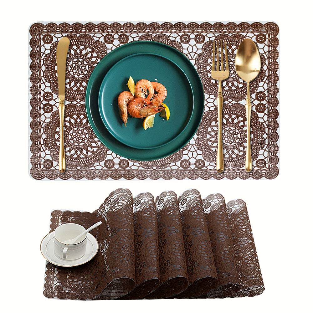 Kreatur Plastic Waterproof Placemats Set of 6 for Dining Table Wipe Clean Washable Vinyl PVC Coffee Tablemats for Kitchen Brown