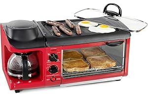 Nostalgia 3-in-1 Breakfast Station - Includes Coffee Maker, Non-Stick Griddle, and 4-Slice Toaster Oven - Versatile Breakfast Maker with Timer - Red