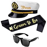 Hercicy Bachelor Party Captain's Hat Glasses Sash Set, Captain's Hat Bachelorette Sash Sunglasses Funny Accessories for Bridal Shower Wedding Party Decorations Gifts Favors