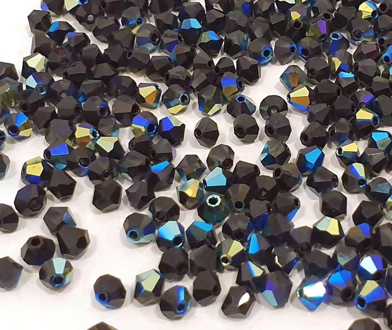Perlin 40 x Bicone Crystal Beads, 4 mm, Black, Bohemian Preciosa Czech Glass, Pressure Beads