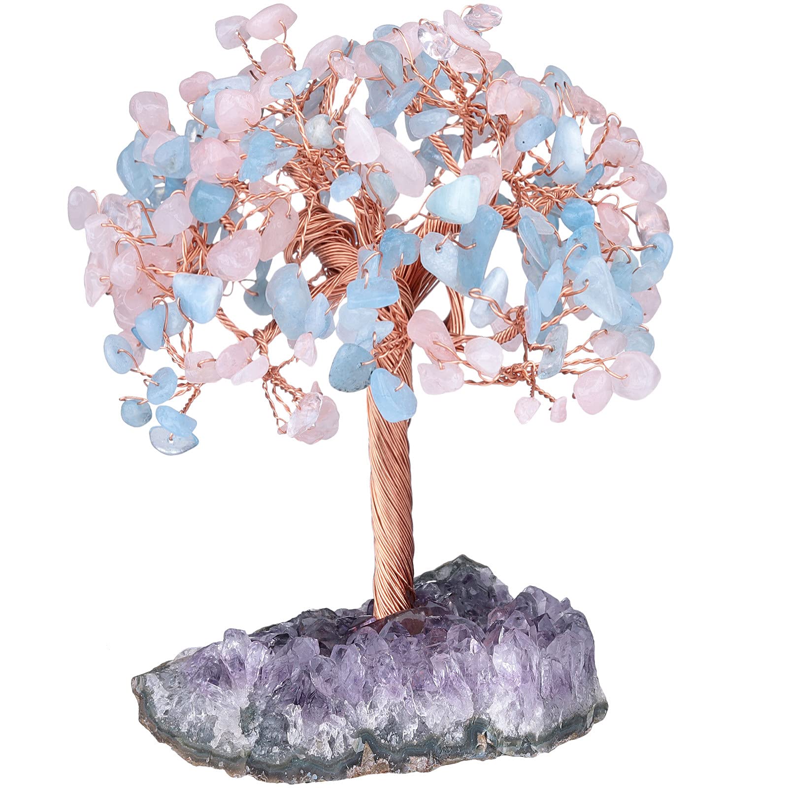 Nupuyai Rose Quartz & Aquamarine Crystal Tree with Amethyst Cluster Base, Bonsai Money Tree Figurine Good Luck Tree Life Fengshui Ornament Home Office Decor