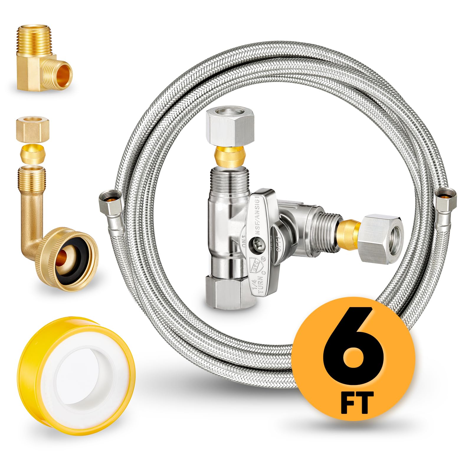 Photo 1 of Dishwasher Hose Installation Kit - Includes Water Supply Line, 3/8" Compression Water Splitter, 3/4" FHT Elbow, and 3/8" MIP Elbow (6 FT)