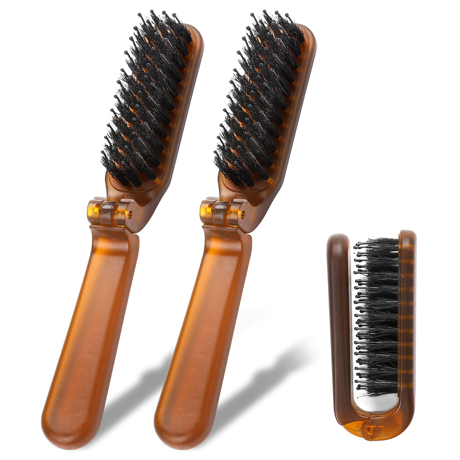 Mini Boar Bristle Brush, 2 Pack Travel Compact Collapsable Brush for Hair Shine and Smoothing Detangling