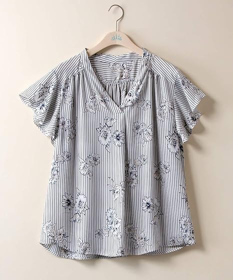 Amazon Nissen ニッセン シャツ ブラウス きれいめ 洗濯機洗いok ストライプフラワープリント肩フリルブラウス Incede シャツ ブラウス 通販