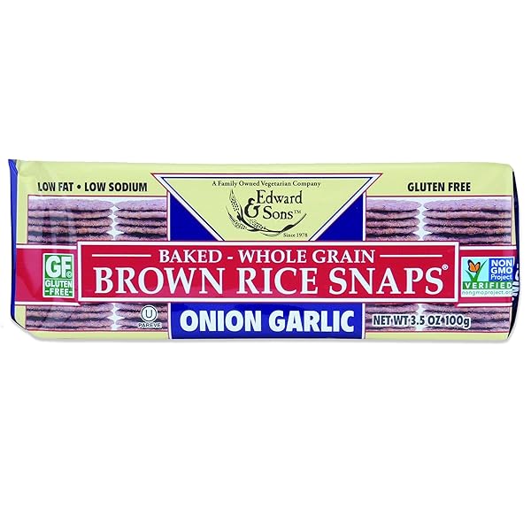 EDWARD & SONS ONION GARLIC BROWN RICE SNAPS – RICE CRACKERS GLUTEN FREE, WHOLE GRAIN, OVEN BAKED, LOW SODIUM, LOW FAT, NON-GMO – 3.5 OZ, 12 PACK