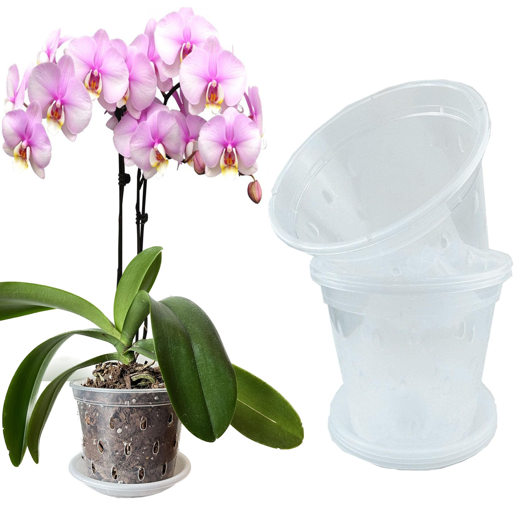 Mesoar 11cm Orchid Pots,Clear Plastic Orchid Pots with Holes and Saucers for Plants Flower Nursery Pots for Orchid Repotting Indoor and Outdoor Use (4, 11cm with Saucers)