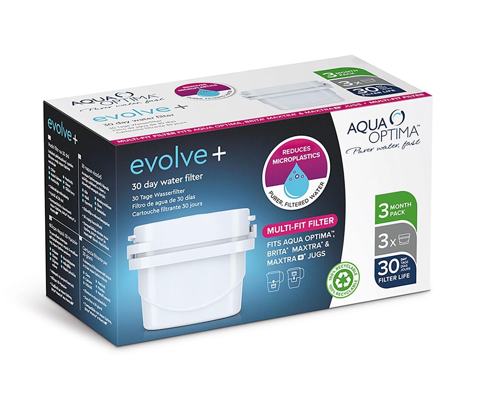 Aqua Optima EPS311 Evolve+ 30 Day Water Filter Cartridge, White, 3 Pack (3 Months Supply) - Old Version
