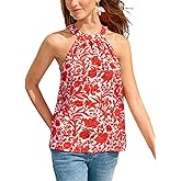 Women's Floral Top High Neck Boho Sleeveless Shirt Loose Fit Summer Beach Vacation Tank Top