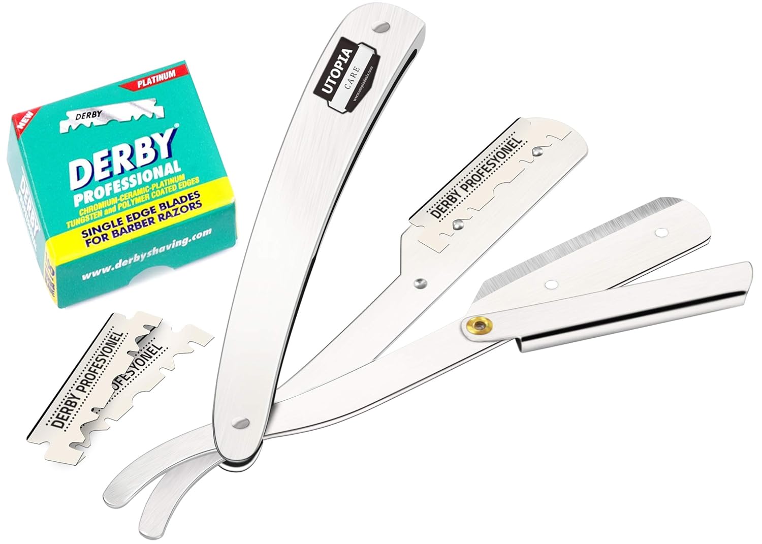 Professional Barber Straight Edge Razor Safety with 100 Derby Blades - Salon Quality Smooth Shave - 100 Percent Stainless Steel - Replacement Blades Extend Life of Shaver - by Utopia Care