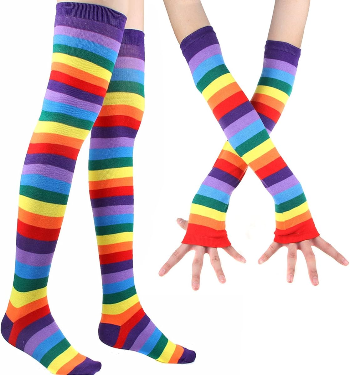 2 Pairs Colorful Rainbow Stripe Long Knit Gloves Socks Set Party