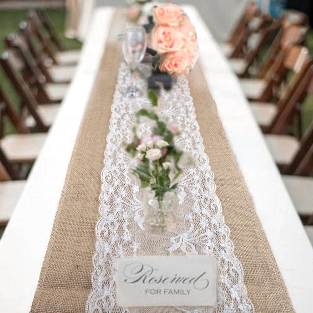 bennyuesdfd Jute Tischläufer Rustic Burlap Spitze Hessischen Land für Hochzeit Festival-Ereignis Tischdekoration 30 x 275cm (1 Stück)