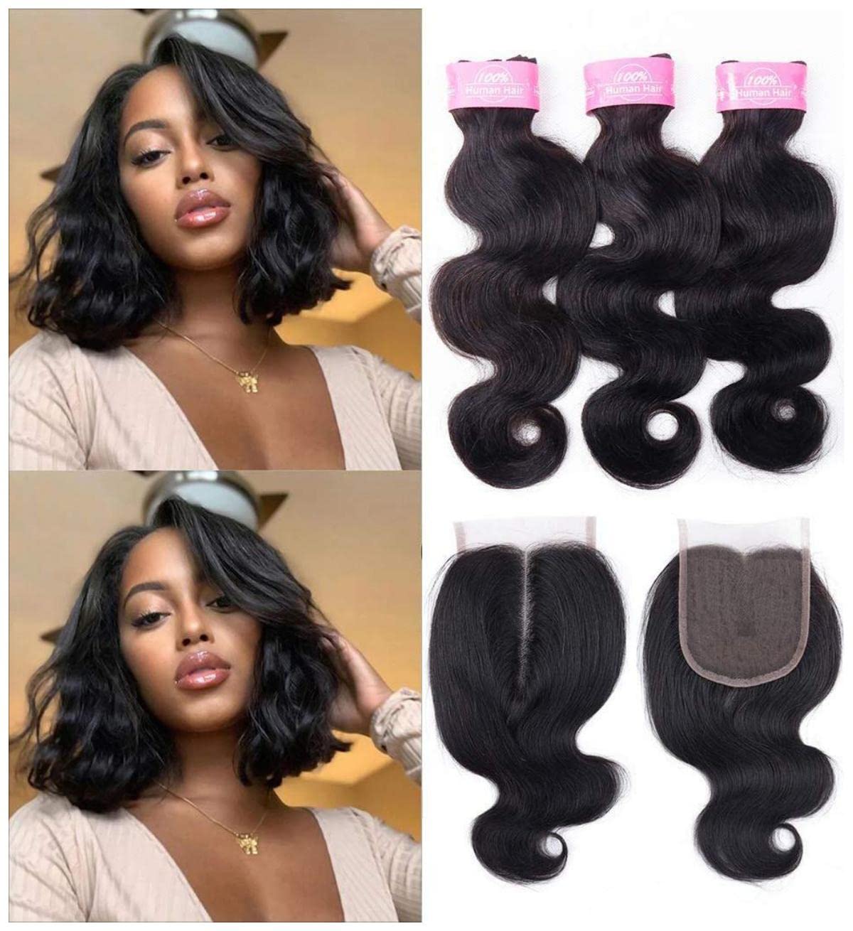 Sexycat Body Wave Bundles with 4x4 T Part Lace Closure Human Hair 8 8 8+8 Inch 100% Unprocessed Brazilian Virgin Hair Extensions Weave Weft Bundles with T Part Closure