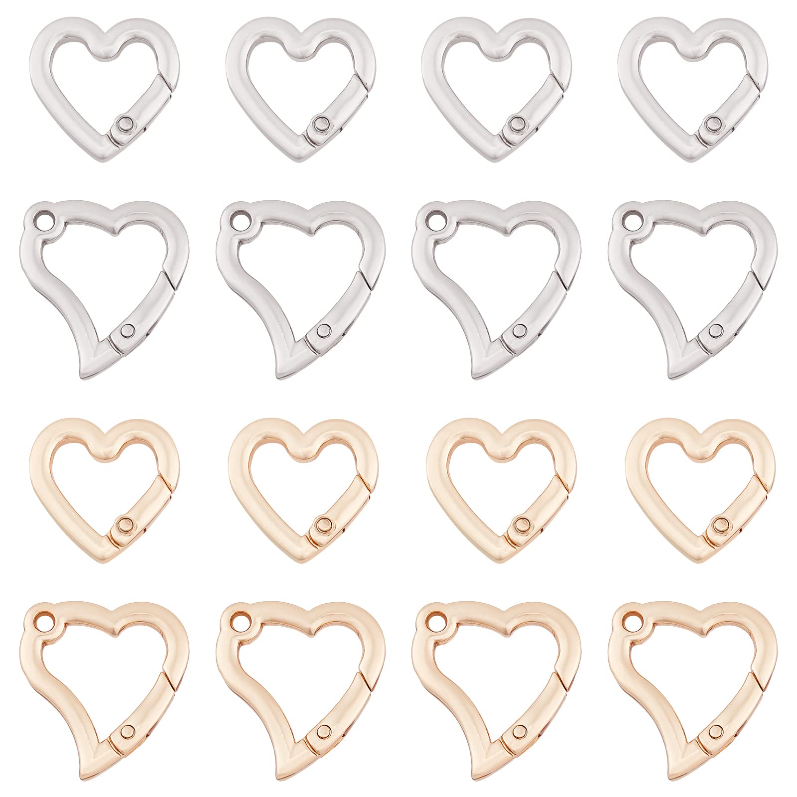 WADORN 16 Pack Spring Gate Ring Clasps, 2 Colors Heart Shaped Trigger Snap Buckle Alloy Snap Hooks Clip Keyring Key Chain Buckles DIY Accessories for Handbag Purse Shoulder Strap(0.4/0.8 inch)