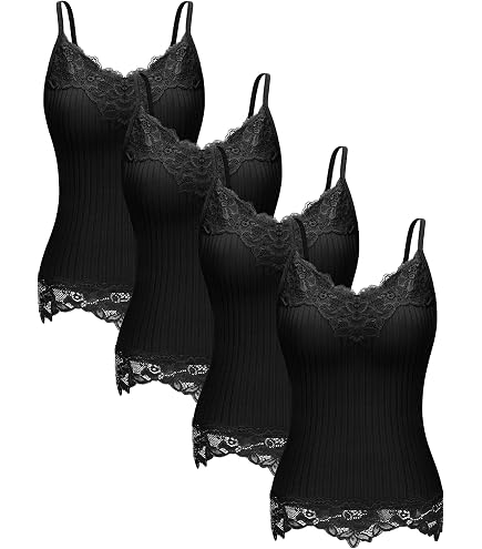 WDIRARA Women's 3 Pack Camisole Tops Lace Trim V Neck Rib Knit