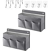 LASAMOLL 2-Pack Hanging Storage Baskets - Wall Organizer with 3 Pockets for Home/Dorm/Closet/Door, Multi-Purpose Space Saver for Office/Bathroom/Nursery - Foldable Fabric Organizer (Grey)