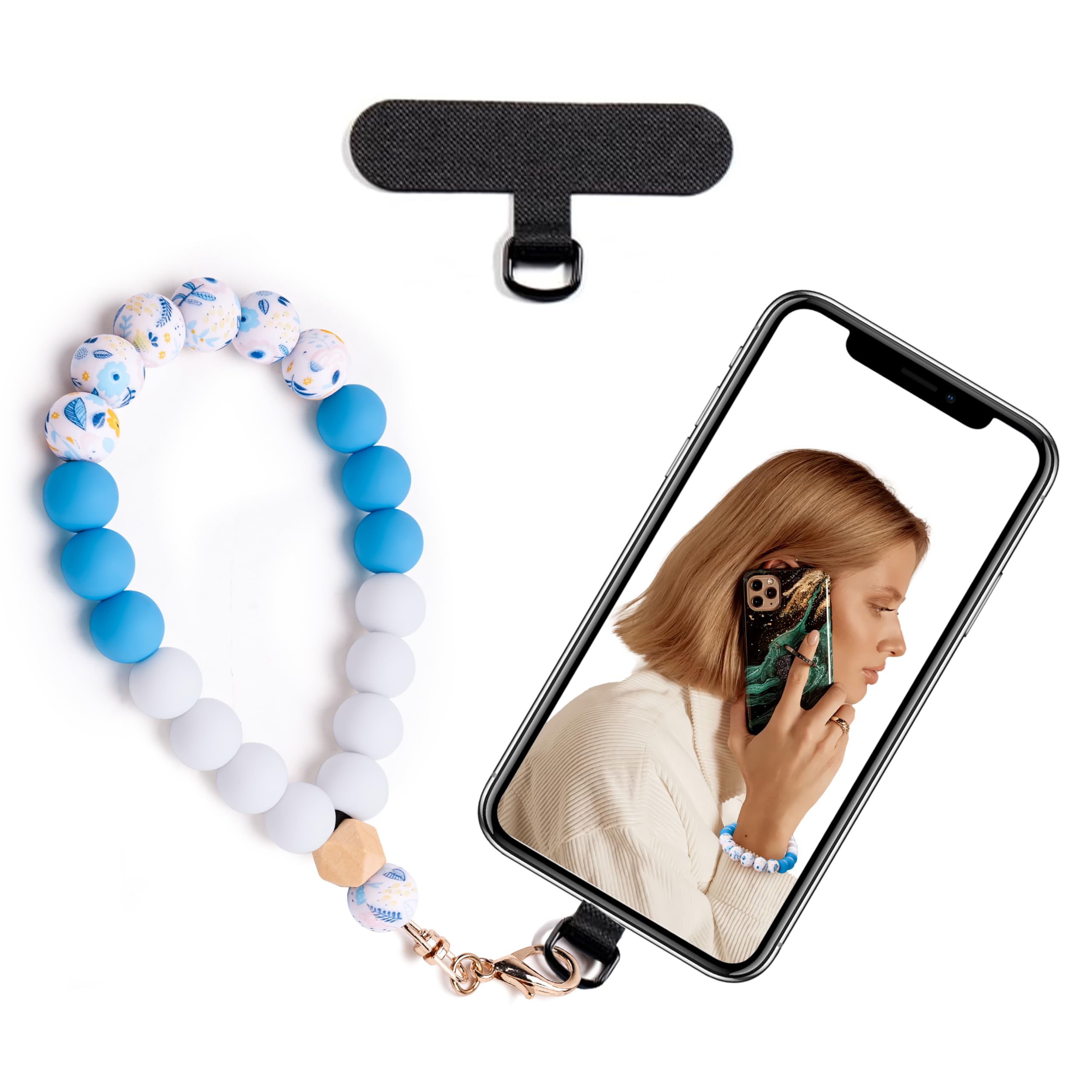 Lostars Silicone Beaded Phone Wrist Strap,phone bracelet strap with Tether Tab,Elastic Hands-Free wristlet strap (Blue)