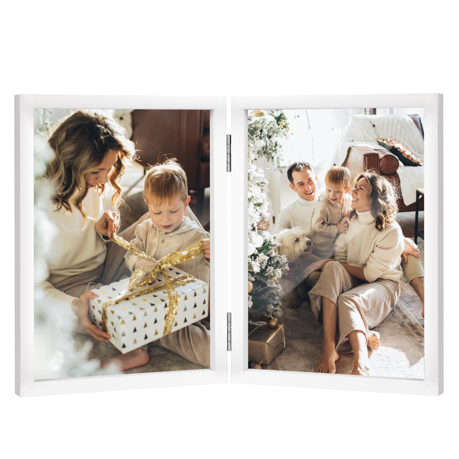 Double Photo Frame 4x6 Hinged Folding Wood Picture Frame with Glass Front Stand Vertical on Desktop White