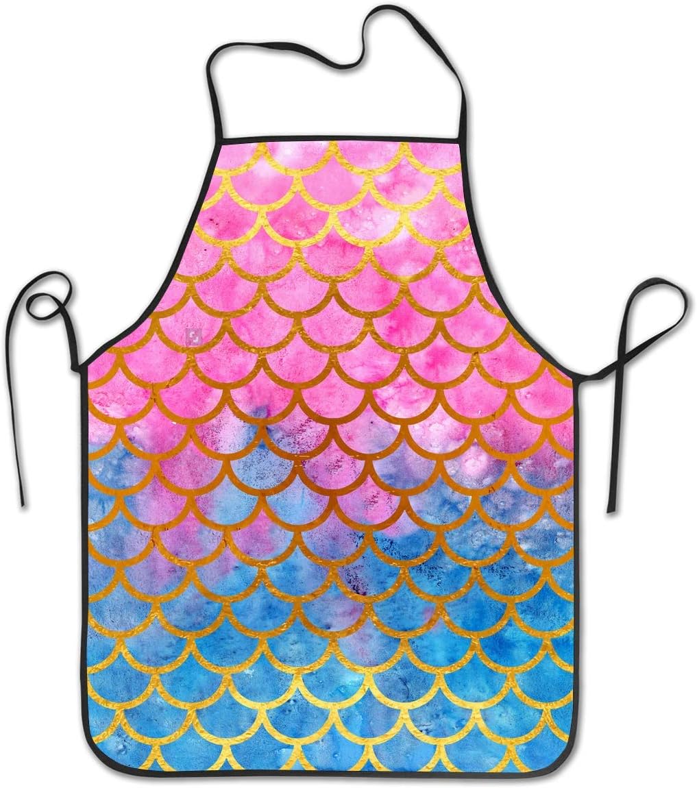 Not Applicable Novelty Waterproof Retro Kitchen BBQ Craft Bib Apron Dress for Women Men Mermaid Watercolor Gold Pink Fish Scales