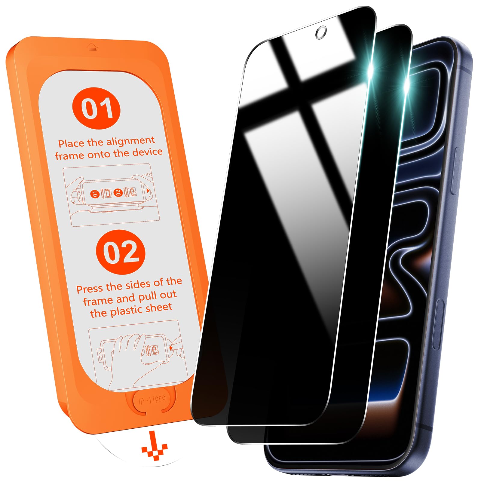 Photo 1 of OMOTON Privacy Screen Protector for iPhone 17 Pro [Auto-Dust Removal], Tempered Glass with 9H+ Hardness & 12FT Military Grade Shatterproof, 100% Anti-Spy, Full Coverage Protection, 2 Pack
