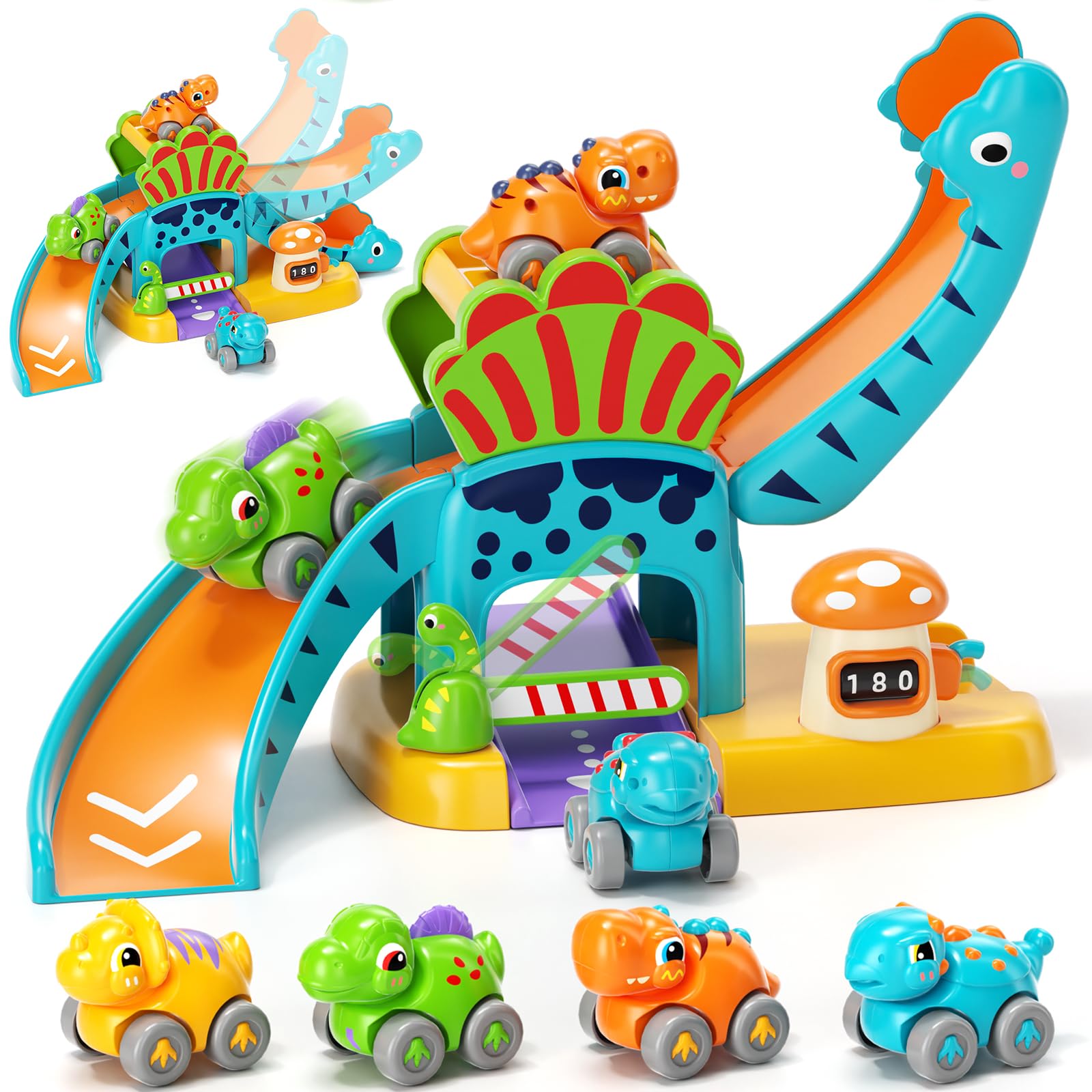 Lehoo Castle Toys for 1 Year Old Boys, Dinosaur Slide with 4 Mini Push Cars for Baby 12-18 Months, Infant Play Vehicle Set, Educational Learning First 1st Birthday Gifts for Kids, Girls, Toddlers 1-3