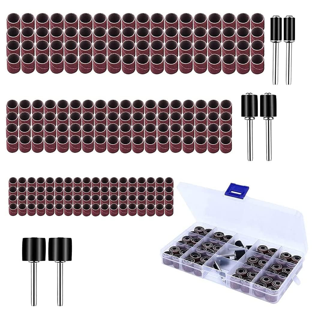 WEDAMOO 222 Pcs Drum Sander Sleeves Set, Including 216 Pcs Nail Sanding Band Sleeves (80 / 120Grit) and 6 Pcs Rubber Drum Mandrels, for Dremel Rotary Tool Polish Grinding