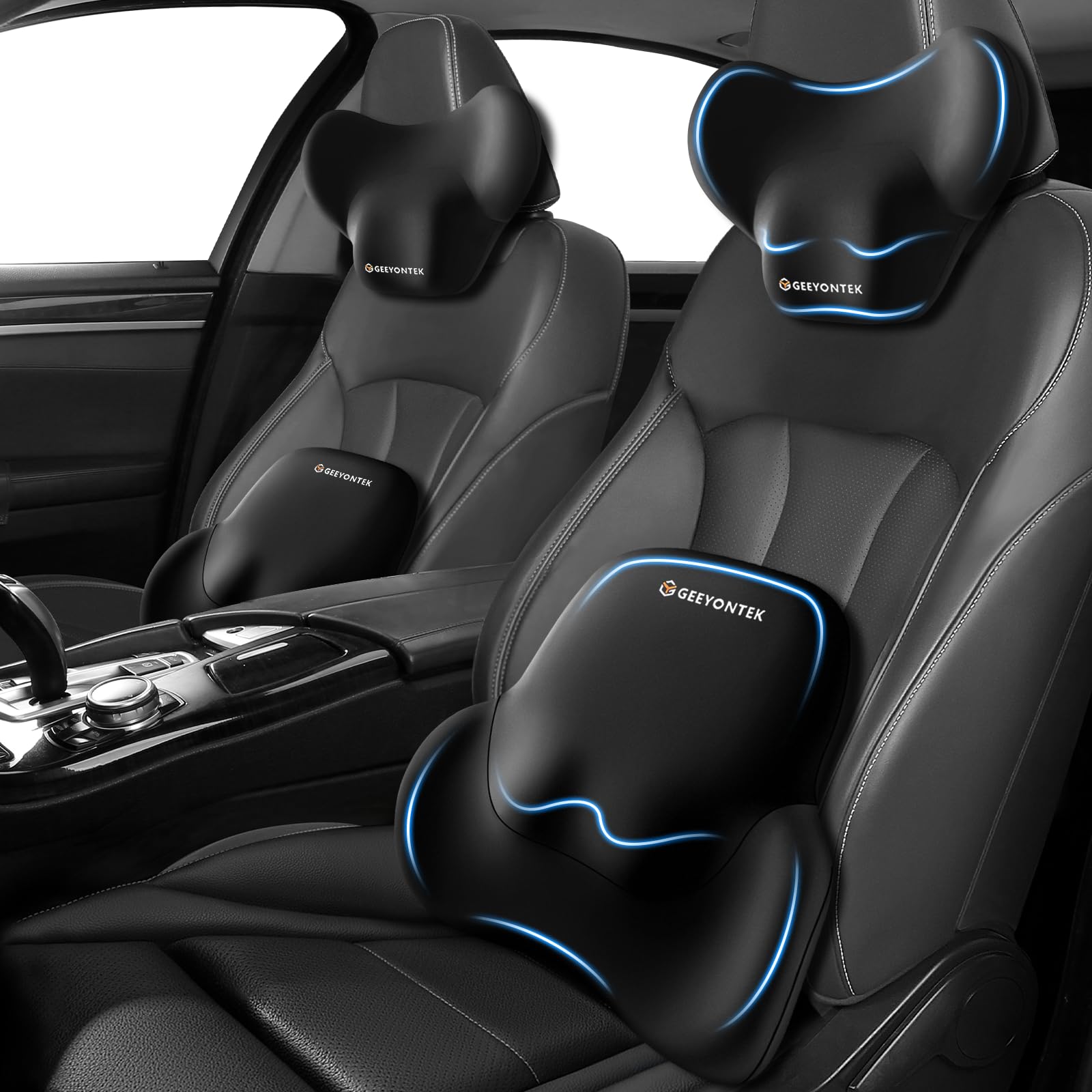 Photo 1 of GEEYONTEK Car Lumbar Support Pillow and Neck Pillow kit for Back & Neck Pain Relief Ergonomic Memory Foam Car Seat Headrest & Lumbar Cushion with Adjustable Strap for Driving Seat/Office Chair Black