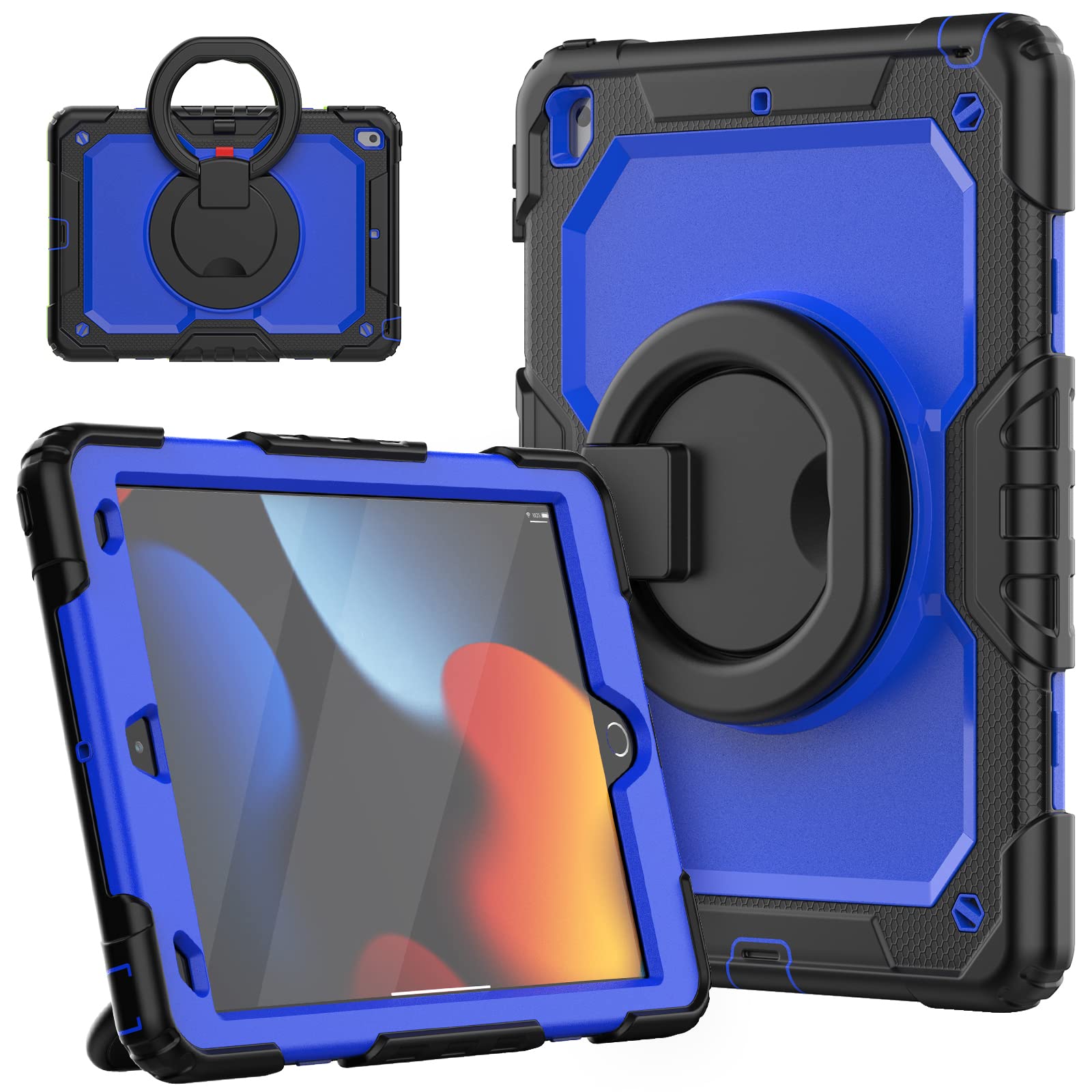HUEZOE Case for iPad 10.2 Inch, Model 2021/2020/2019 Shockproof Full Body Protective Cover with 360 Degree Rotating Stand Shoulder Strap for iPad 9/8/7, Dark Blue