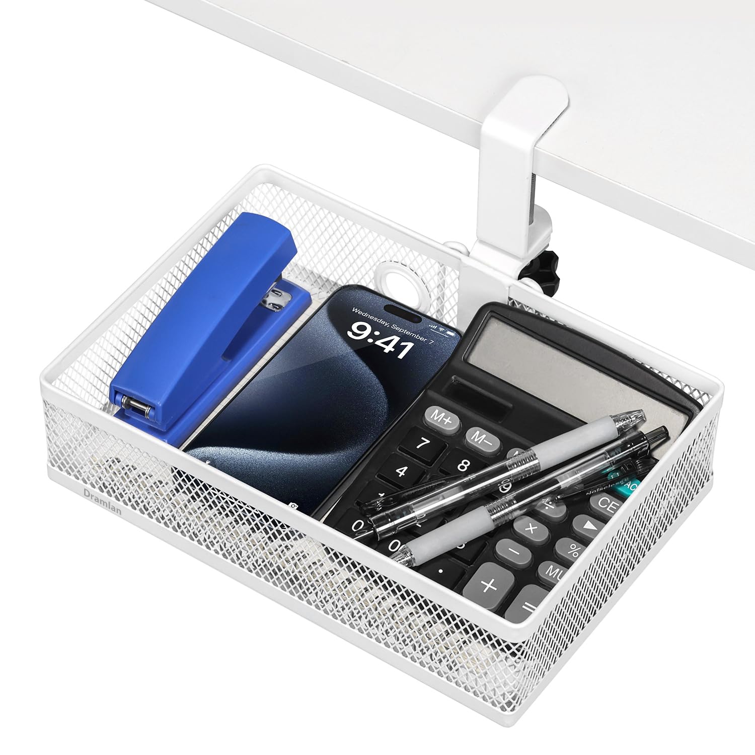 DramLan Desk Organiser, 360°Rotating Hidden Under Desk Drawer,Clamp-on Style Desk Tidy Organiser, Large Capacity Under Desk Storage For Home And Office (White style 2)