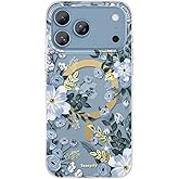 SCORPIFY for iPhone 17 Pro Case [Compatible with MagSafe] with Blue Nemophila Floral Design, Cute Clear Flower Magnetic Phone Cover for Women Girls,[Non Yellowing] Slim Bumper with Gold Accents