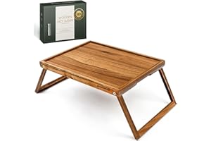 PANDAWOOD Acacia Wood Bed Tray Table - Large Folding Breakfast in Bed Tray with Legs - Laptop Lap Desk for Eating on Couch - 