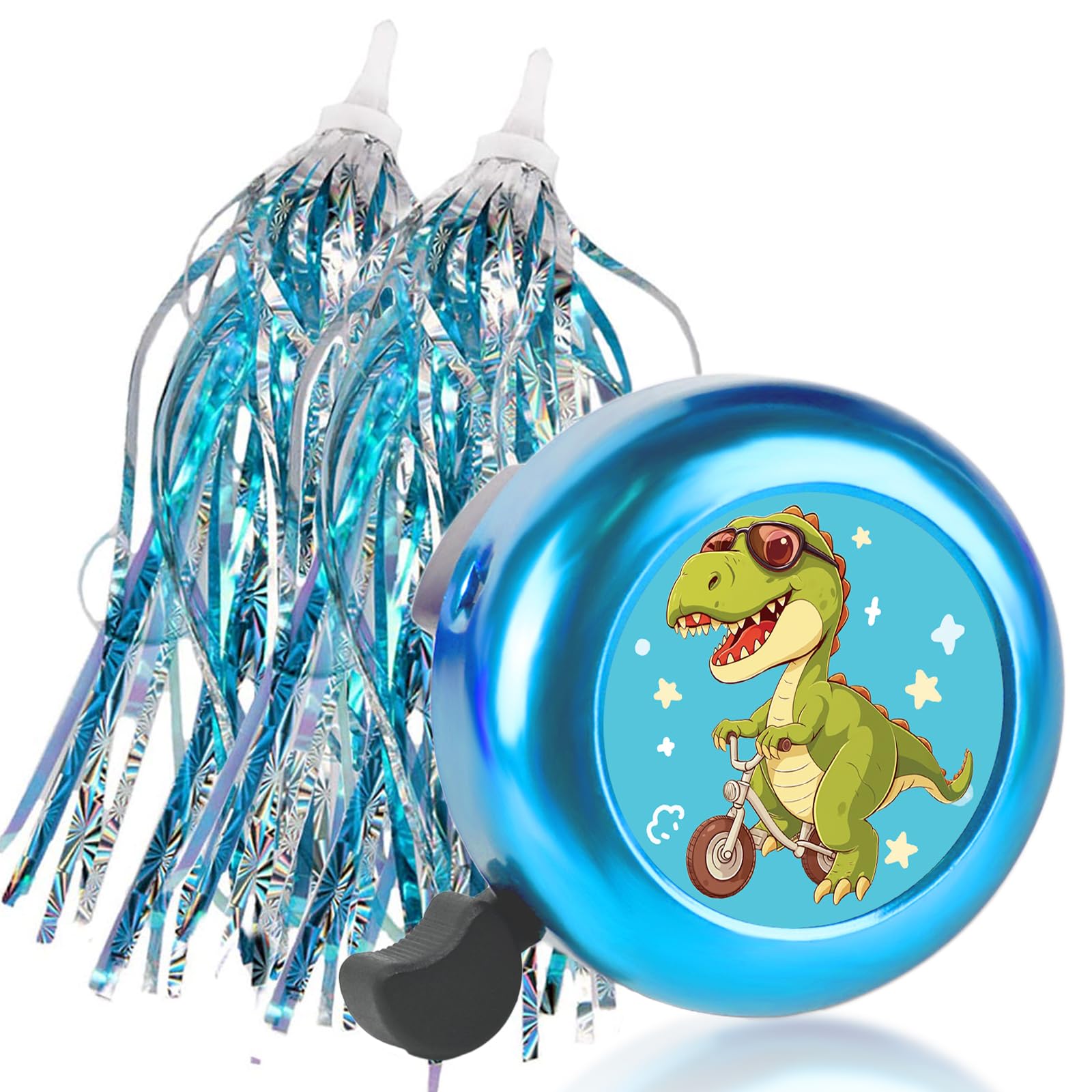 Photo 1 of Kids Bike Bell with 2 Pcs Bike Streamers for Girls, Bicycle Pinwheel for Boys Girls Cute Children's Bike Accessories (Dinosaurs Bell+Tassels)