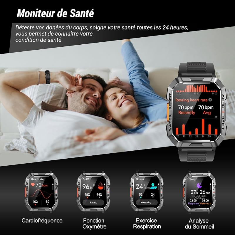 Montre Connectée Militaire Hommes, Autonomie 100 jours, Lampe de Poche LED
