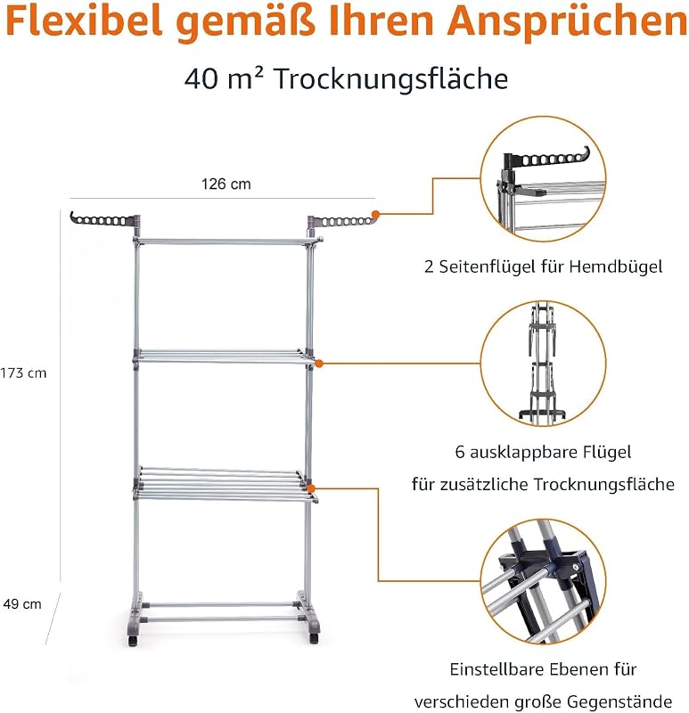 Turm-Wäscheständer für innen mit faltbaren Flügeln, Garten, Grau, 4-stufig, 126 x 64 x 173 cm (L x W x H) — Foto 3 von 8