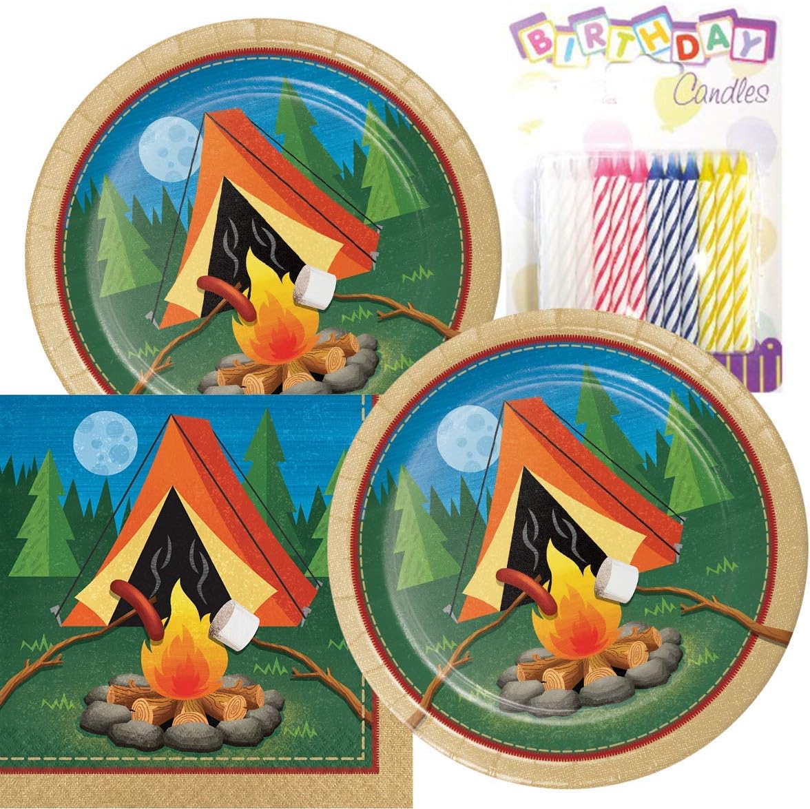 Camp Out Camping Theme Plates and Napkins Serves 16 With Birthday Candles
