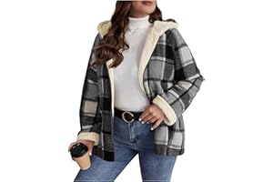 Women Flannel Hoodie Fleece Lined Plaid Jackets Casual Long Sleeve Sherpa Shacket Full Zip Jacket Warm Fuzzy Coat