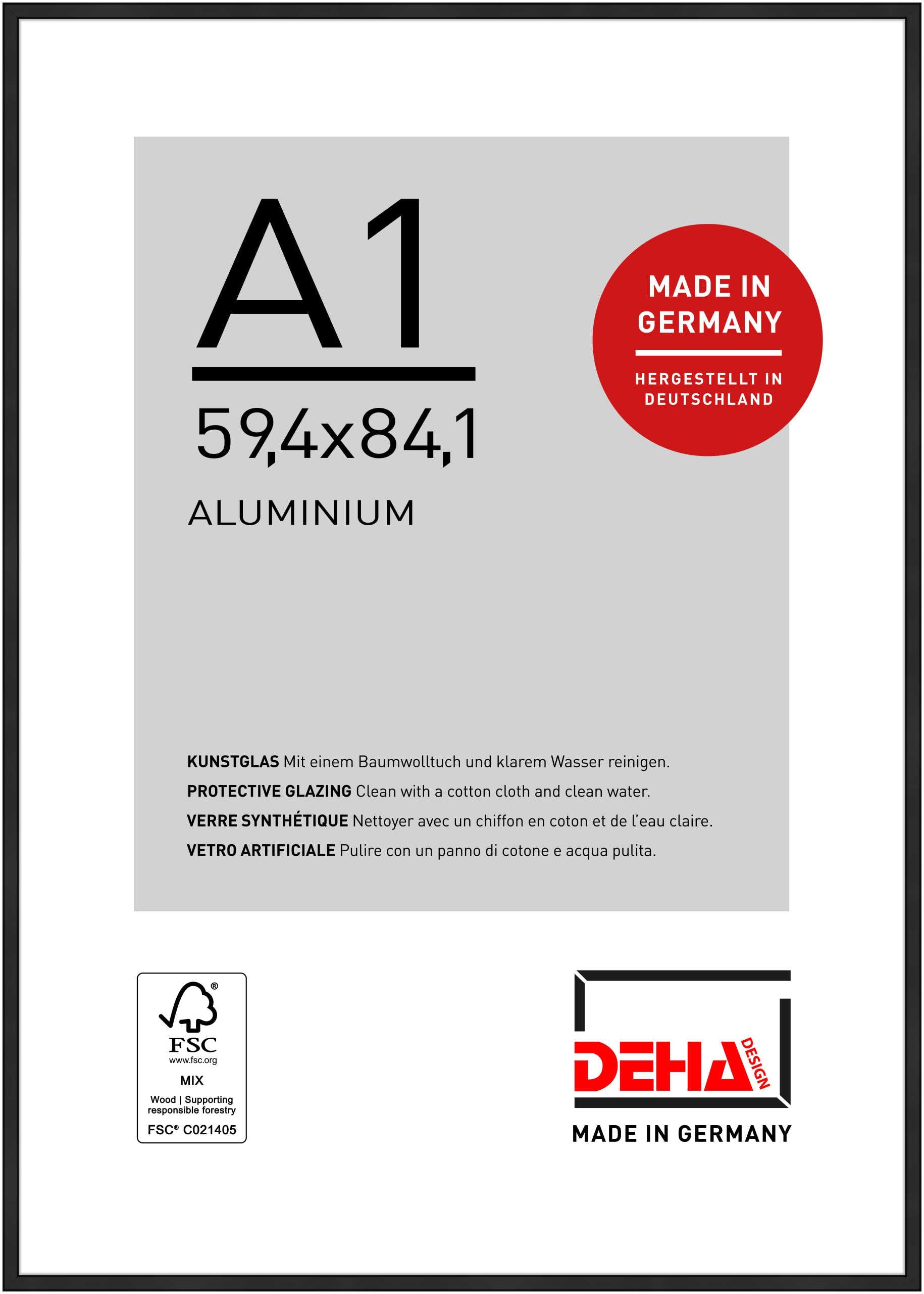 DEHA Design Photo Frame, Aluminium Picture Frame 59.4x84.1cm with Protective Plastic Glazing and Push and Turn Clips - Boston Jet Black Matt