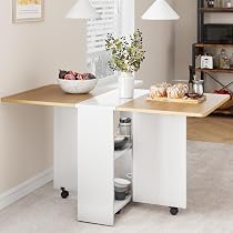 AWQM Folding Dining Table Set For 4, Dinner Table With 4 Leather Chairs Shelves Space Saving Foldable 6 Wheels Kitchen Small Spaces Off White