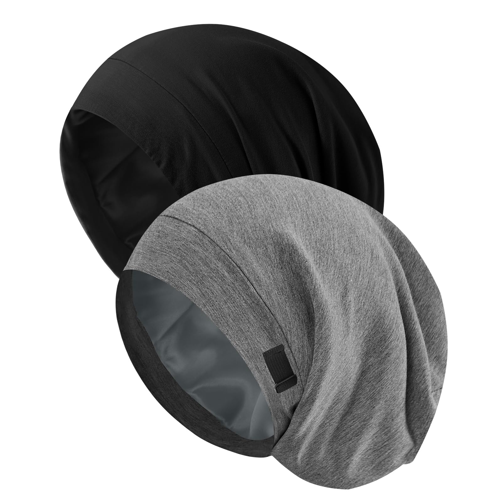 Photo 1 of 2PCS Silk Bonnet for Sleeping for Hair, Satin Lined Sleep Cap for Women Men, Adjustable Beanie Hair Wrap (04 Black/Charcoal Gray)