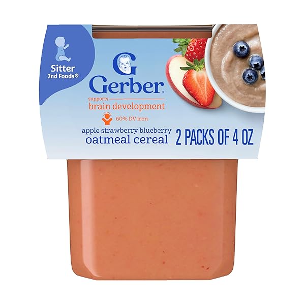 GERBER STAGE 2 BABY FOOD, APPLE STRAWBERRY BLUEBERRY OATMEAL CEREAL TUBS, IRON HELPS SUPPORT BRAIN DEVELOPMENT, NO ARTIFICIAL FLAVORS, BABY CEREAL, 2-PACK