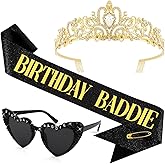 Tihebax BIRTHDAY BADDIE Sash and Crown & Glasses Set for Women Girls, Birthday Girl Sash, Birthday Tiara Crown Birth day Decorations for Women Party Supplies Outfits Accessories