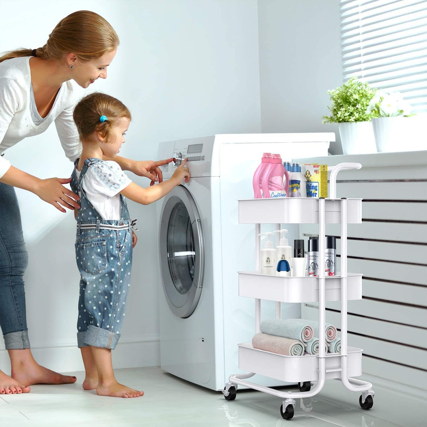 Pipishell 3-Tier Rolling Utility Cart, Multifunctional Metal Organization Storage Cart with 2 Lockable Wheels for Office, Home, Kitchen, Bedroom, Bathroom, Laundry Room (White): Home & Kitchen
