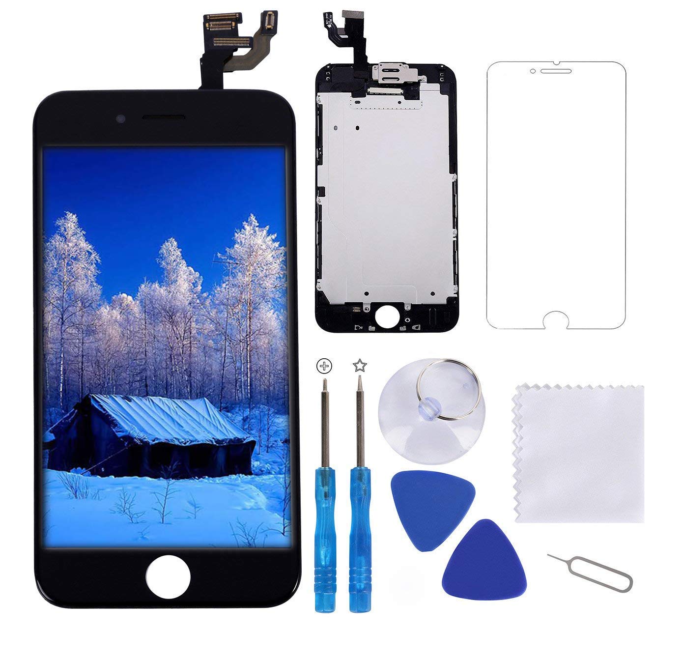 for iPhone 6 Screen Replacement Black 4.7 LCD Display Touch Digitizer Frame Assembly Full Repair Kit, with Proximity Sensor, Earpiece Speaker, Front Camera, Free Screen Protector, Repair Tools