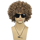 VGbeaty 70s 80s Afro Wig for Men Women Short Curly Dark Brown Golden California Hippie Disco Rocker Wig Adjustable Halloween Party Costume Wig