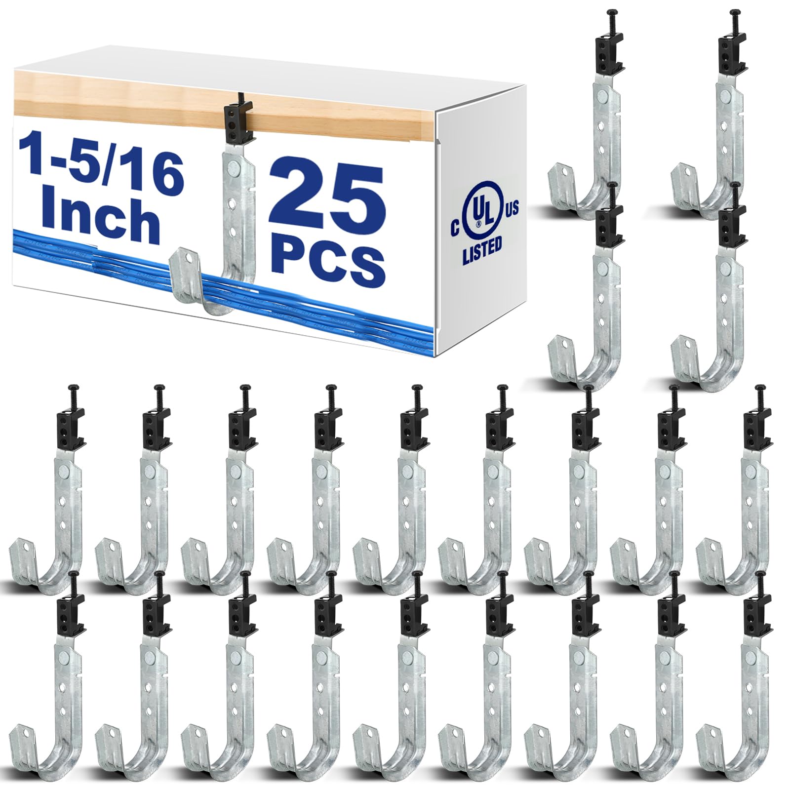 Photo 1 of Blulu 25 Pcs J Hooks Cable Support J Hook with Swivel Beam Clamp Heavy Duty Metal Hangers for Hanging Organizing Cable Wire Cord Management, G60 Galvanized Steel(1-5/16 Inch)