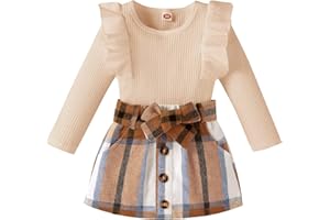 AMAWMW Toddler Baby Girl Fall Winter Clothes Long Sleeve Ruffle Shirt Corduroy Mini Skirt Infant Girl A-line Dress