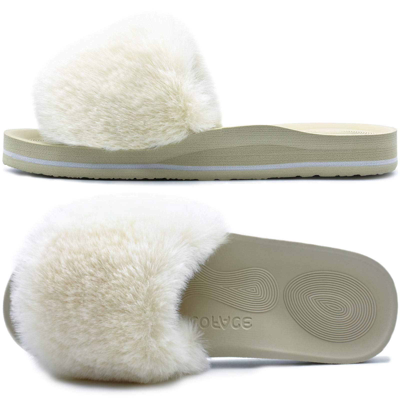 Photo 1 of COFACE Womens Slides Fuzzy House Slippers for Women Open Toe Fluff Slippers With Arch Support Plantar Fasciitis Orthotic Slippers Women House Shoes Indoor Size 8
