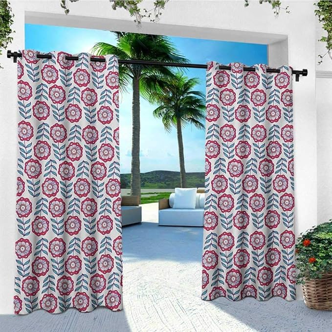Floral, Porch Curtains Outdoor Waterproof , Abstract Blossoms with