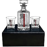 Rogue River Tactical Thin Red Line Tattered Worn American Flag USA Whiskey Decanter Gift Set With Airtight Glass Stopper Custom Gift For Firefighter Fire Department FD