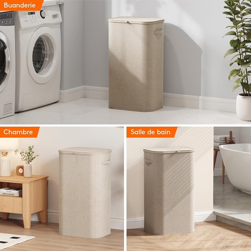 Panier Linge Sale, Bac Linge avec Couvercle, Corbeille Linge avec Plastique Poignées et Sac Linge, Laundry Basket pour Buanderie, Chambre, Salle de Bain, 105 L, Beige